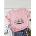 Women Landscape Print O  Neck Casual Short Sleeve T  Shirts