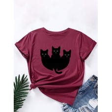 Women Black Cats Print O  Neck Multicolor Casual Short Sleeve T  Shirt