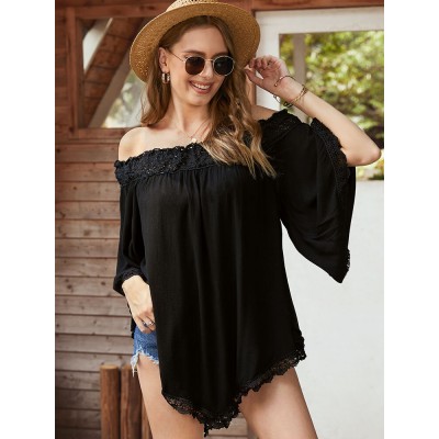 Solid Lace Patchwork Off Shoulder Mini Dress