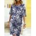 Plant Print Half Open Collar Half Sleeve Midi Dress