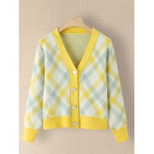 Women Plaid V  Neck Knitted Elastic Cuff Color Block Cardigan