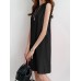 Solid H  Shaped Cotton Sleeveless Round Neck Casual Midi Dress